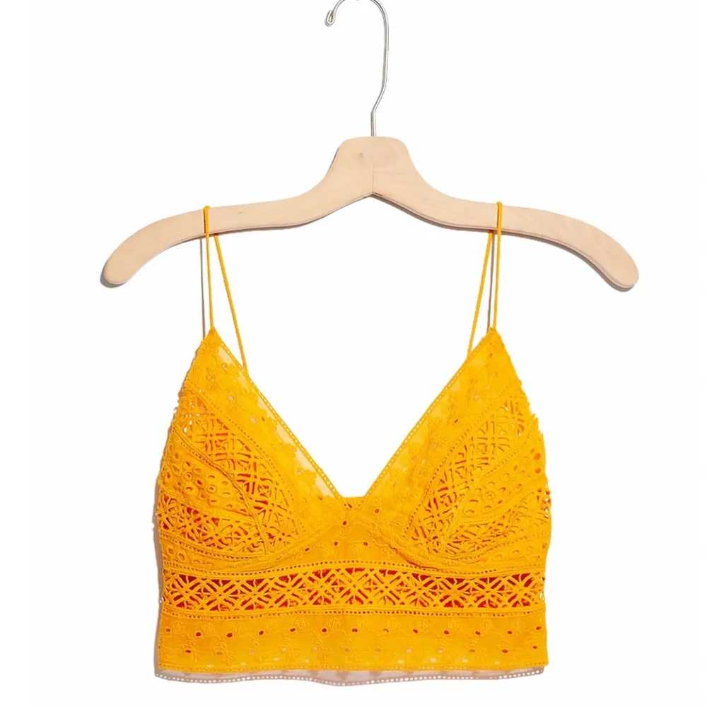 FREE PEOPLE Carina Bralette Eyelet Smocking Mango Gold NWT